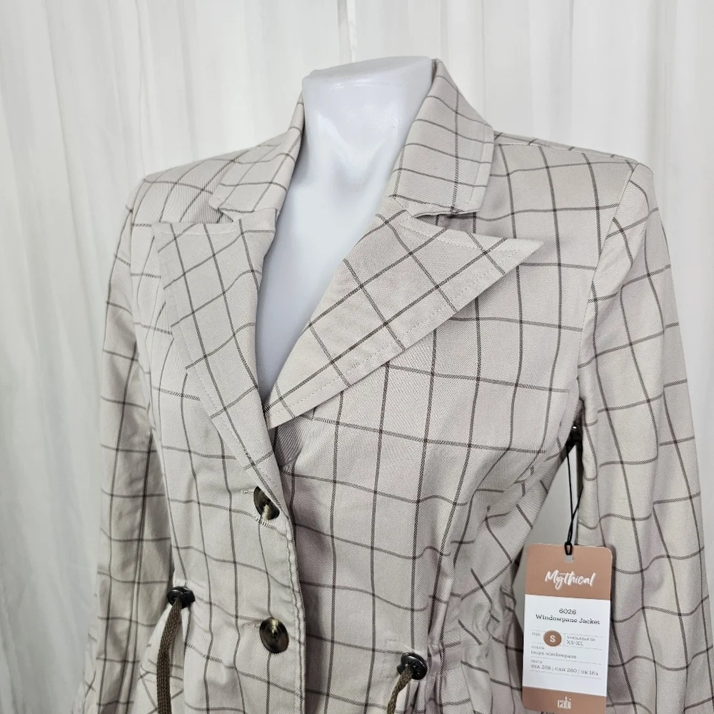Cabi Windowpane Jacket Style # 6026 Taupe Cinched Waist Size Small